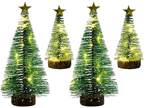 4 Piezas Mini Árbol de Navidad con Luz 15cm/10cm Mini árbol de Nieve y heladas Pinos de Mesa LED con Base de Madera Árbol de Navidad Artificial con Cadena de Luces para Invierno Hogar Xmas Decoración