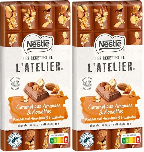 Nestlé Les Recettes de l'Atelier - Tablette Chocolat Lait Caramel aux Amandes et Noisettes - 170g (Lot de 2)