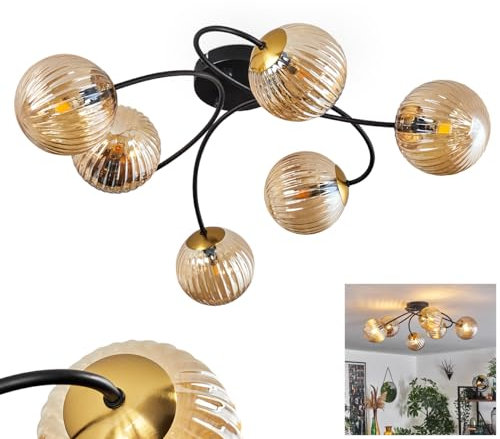 HOFSTEIN Deckenleuchte Chehalis, Deckenlampe aus Metall/Glas in Schwarz/Gold-/Bernsteinfarben in Riffel-Optik, Leuchte im Retro/Vintage-Design mit Schirmen aus Glas (Ø 12 cm), 6x G9 LED