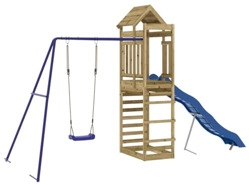 vidaXL Outdoor Playset - Pressure-Impregnated Pinewood Construction with Multiple Play Centers - Wave Slide, Swing Set, Rock Wall & Sandpit, Safe & Sturdy Design, Great for Children Aged 3-8 Years
