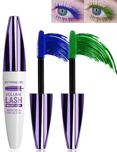5D Telescopic Mascara Wasserfest Blau Grün, für Voluminöse & Lange Wimpern | 2Pcs Blue Green Wimperntusche, Lashes Extensions Tubing Mascara, Langanhaltend Curling & Wischfest, Cosplay Party Eye Makeup