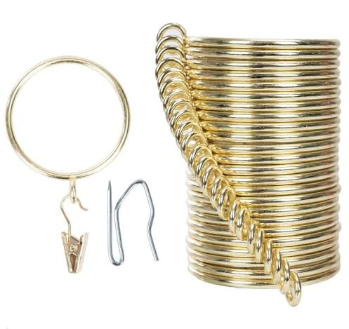 Vorhangringe und Hakenclip, 25 mm Innendurchmesser, komplettes Set mit Gardinenstangenringen, Haken und Clips, 24 Stück, Vorhangringe für zwei Standard-Vorhänge, Gold TXZWJZ