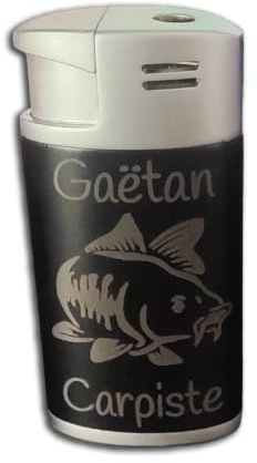 Briquet Gravure Personnalisée, Votre Texte + Dessin au Choix (Ici Carpe) modèle Noir en métal,modèle Turbo Gris en Plastique mélalisé