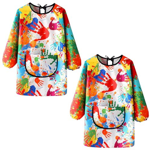KASURE 2 Stück Malkittel Schule 1. Klasse, Malkittel Kinder 7-11 Jahre, Malschürze Kinder zum Malen, Kochen, Basteln, Tuschkittel Mit Langen Ärmeln und Großen Taschen(für Körpergröße von 120–135 cm)