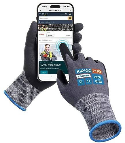 KAYGO Safety Work Gloves MicroFoam Nitrile Coated Touchscreen, KG18NBE | 12 Pairs Working Gloves with Oil Resistant Grip on Palm, for Men Women, Ideal for General Purpose Automotive (Gray, M)
