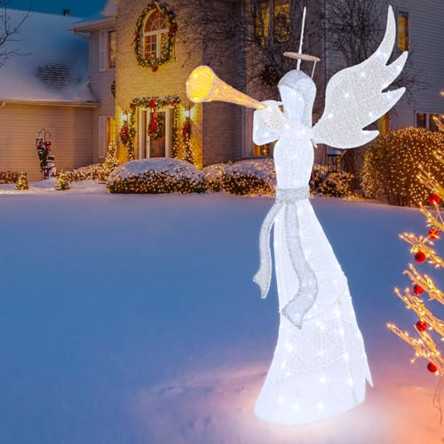 GYMAX 156 cm beleuchteter Weihnachtsengel, Weihnachtsdeko Engel mit 100 LED-Lichtern, Weihnachtsfigur mit Trompete & Flügeln, weihnachtsbeleuchtung, weihnachtsfiguren groß für außen & innen
