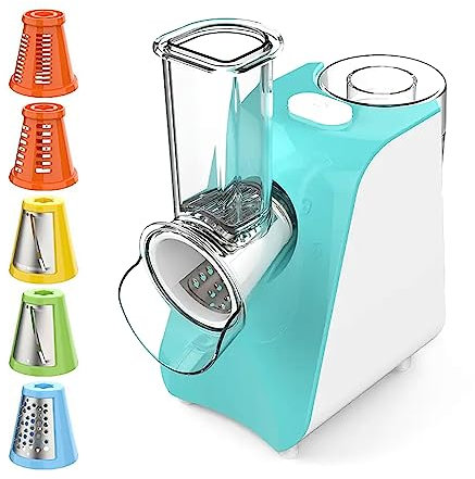Electric Vegetable Grater, Salad Maker Machine, 150 W Fruit Shredder with 5 Interchangeable Blades, Fast Smoothly Cutting and Simple Operation, Easy to Clean, for Cheeses, Chocolate, Nuts