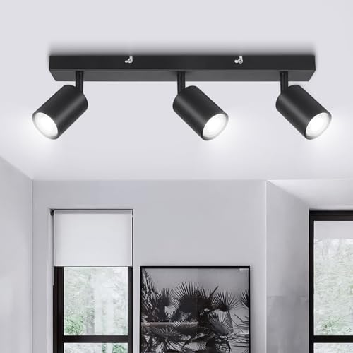 Ketom GU10 LED Deckenstrahler Schwarz, Deckenlampe 3 Flammig Schwenkbar | Küchenlampe Deckenleuchte Srahler, Modern Deckenspot Lampe für Küche, Wohnzimmer, Flur, Abstellraum, Ohne Leuchtmittel