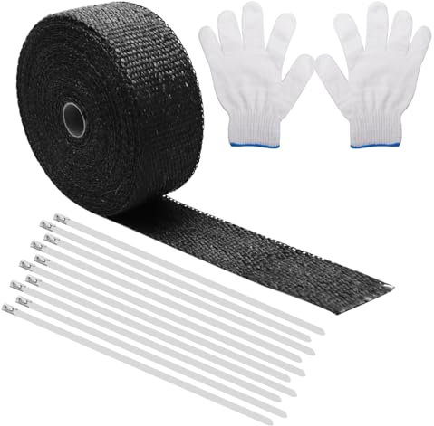 10 m Heat Protection Tape, Exhaust Sealing Tape with 10 Pieces Stainless Steel Cable Ties and Gloves, Manifold Heat Protection Tape, Heat Protection Tape, Exhaust Bandage for Motorcycle, Car, Fan