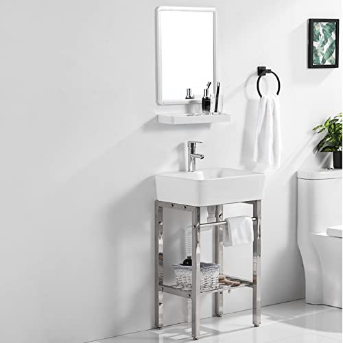 Supporto per lavabo in ceramica, lavello da cucina, lavandini per lavanderia indipendenti, recipiente in porcellana rettangolare, con ripiano in acciaio inossidabile per bagno in stile fattoria (monoc