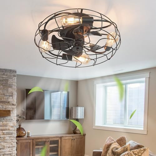 Industrial Ceiling Fan with Reversible Blades Silent Operation Remote Control Timer and Light Fixture 50cm Ceiling Fan for Bedroom and Living Room