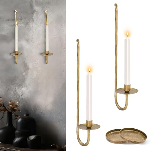 Wall Candle Sconces Set of 2 Metal Wall Candle Holders Hand-Forged Vintage Gold Solid Steel, Rustic Home Decor for Living Room, Bedroom, Dining Room, Candle Accent