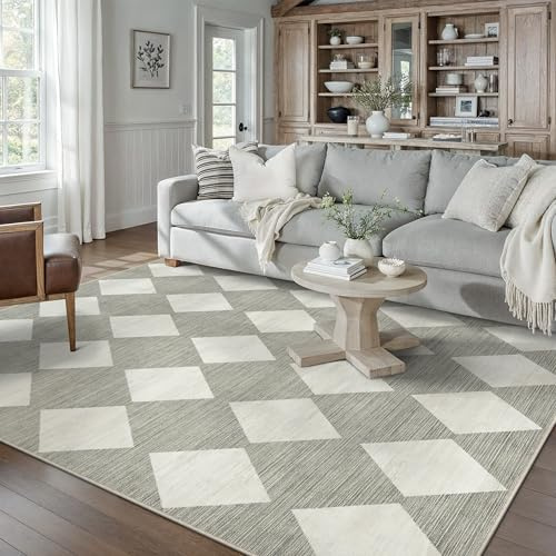 PureCozy Grau Kariert Teppich 160x230cm Wohnzimmer Waschbare kurzflor rutschfest Weich Boho Retro Teppiche für Schlafzimmer Küchen Esszimmer Bedroom Living Room Büro