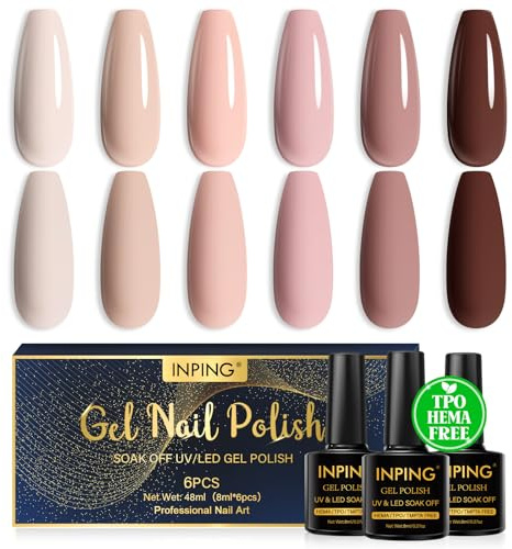 INPING Gel Nail Polish TPO-FREE Nude Brown 6 Colors UV Nail Varnish 8ML | Soak-Off UV/LED Long Lasting Gel Nail Polish Set for Nail Art Salon DIY Home Easter/Valentine's Day