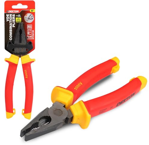 DEKTON VDE Combination Pliers 8 Inch | Professional Insulated Grip for Electricians | cuts Soft & Hard Wire | Long Cutting Edges for Thicker Cables | Safe handling Flat & Round Materials
