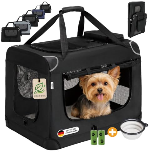 Zedelmaier Hundebox Auto, faltbar, geruchsarm, 50 x 34 x 36 cm, Schwarz | Große Netzfenster, Seitentaschen, Napf, Kotbeutel; faltbare Hundetransportbox für Hund/Katze, Rückbank, Zuhause und unterwegs
