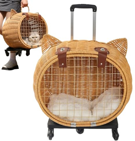 Hundewagen - Rattan Hundewagen Katzen-Transportbox Mit Rädern | Retro Wagen Mit Teleskopgriff Für Mittelgroße Tiere - Spaziergänge Picknick