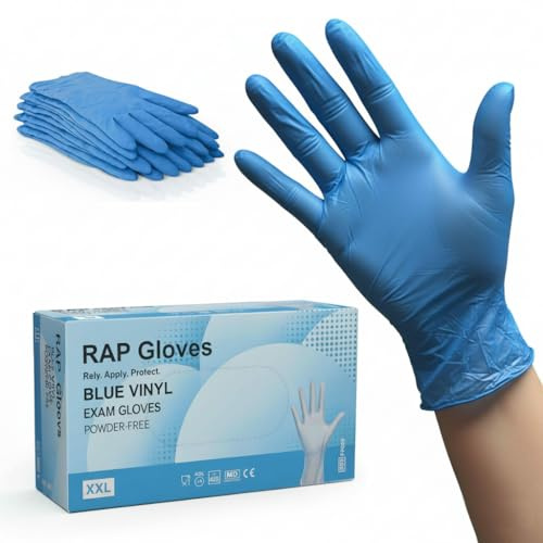 RAP Gloves 200 Blue Vinyl Disposable Gloves XXL, Powder and Latex Free | Smooth finish, non sterile, ambidextrous, single use, suits catering, cleaning, care work, beauty and food handling
