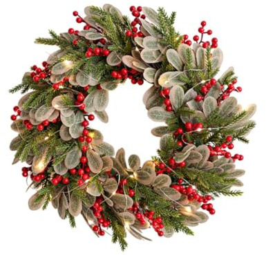 Generisch Weihnachtskranz mit LED-Beleuchtung, 40cm Durchmesser, Künstliche Eukalyptusblätter und Rote Beeren, Indoor Türdekoration, Grün-Rot-Silbergrau, Kunststoff