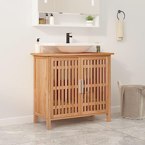 Runheo Armario para lavabo 66 x 29 x 61,5 cm, madera maciza de nogal, armario de baño con espacio de almacenamiento, muebles de madera de nogal para baño, estilo rústico