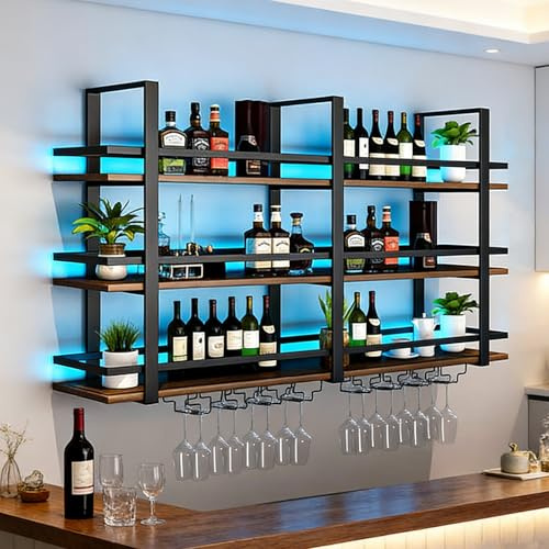 Weinregal Wand mit Glashalter, 3 Ebenen Industriell Wandmontierte Weinregal mit LED, Metallflaschenhalter Multi funktionaler Weinpareite Display Rack für Home Bar Dining Room Kitchen 100×22×120cm
