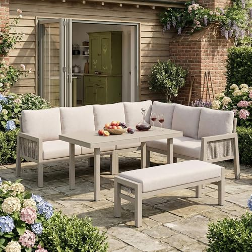 NuvlaGu Conjunto de Comedor de jardín para 8 Personas, salón de Esquina y Banco con Mesa, Juego de Muebles de jardín para Exteriores, Trenzado de Polietileno, Acero galvanizado Rosa Claro