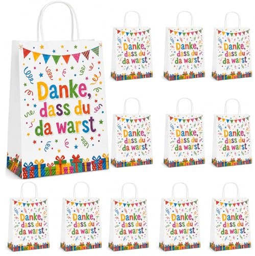 12er Set Geschenktüten Kindergeburtstag „Danke dass du da warst“ – Bunte Mitgebsel Tüten mit Henkel aus Kraftpapier – Kleine Papiertüten für Gastgeschenke, Give-aways & Süßigkeiten zur Einschulung (A)