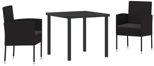 PUGYNBK Gruppo da pranzo in rattan sintetico, 3 pezzi, nero, con cuscino, tavolo da giardino con piano in vetro di sicurezza, 4 sedie con tappezzeria, per giardino e terrazza