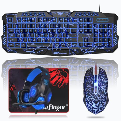 BlueFinger Tastiera da gioco retroilluminata, mouse e cuffie a LED, con cavo USB, retroilluminato a 3 colori, con luce LED blu, set per lavoro e gioco