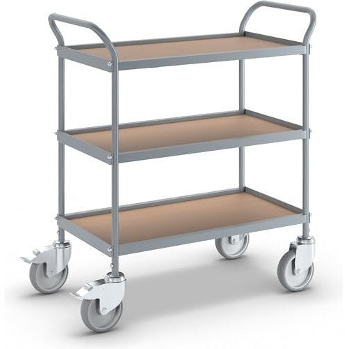eurokraft | Servierwagen | Etagenhöhe 250 mm | 3 Etagen | mit 4 Lenkrollen | 2 mit Doppelstopp | Rad-Ø 125 mm