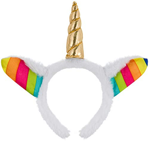 Balinco Einhorn Haarreif für Fasching & Karneval – Flauschiges Unicorn Kostüm-Accessoire – Weiß mit goldenem Horn und Regenbogen Ohren