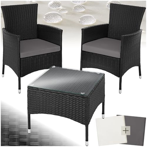 tectake® Poly Rattan Möbel Gartenset mit Wechselbezügen, 2 Stühle und Tisch mit Glasplatte, 2X Outdoor Lounge Sessel mit Armlehne und Gartentisch, Gartenmöbel Set, Balkonmöbel - schwarz