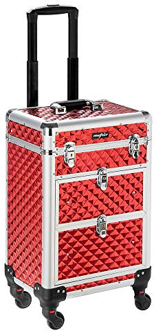 mefeir Aluminum Rolling Makeup Train Case, Portable Makeup Organizer Suitcase, Cosmetic Storage Box, Travel Beauty Luggage Trolley Lockable w/4 Removable Wheels & 2 Sliding Drawers (Red)