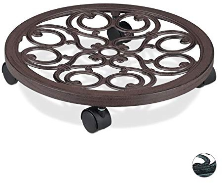 Relaxdays 2 x Pflanzenroller rund, Metall, Gefäßroller für innen & außen, antik, Ø 38 cm, Rolluntersetzer Blumentopf, braun