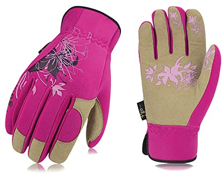 Vgo... Gants de jardinage cuir pour femmes, contre les épines, gants de travail jardinage de sécurité, protection anti-rayures,anti-abrasion(SL7443,Rouge,7/S,1Paire)
