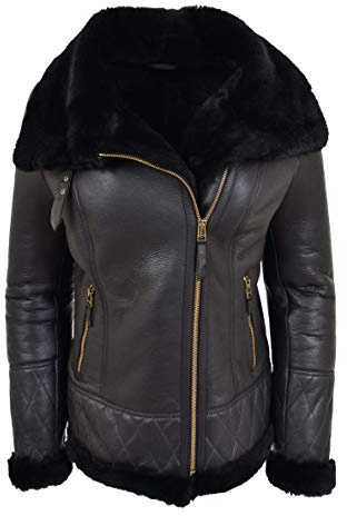 House of Leather Damen Echt Schaffell Jacke Flieger Pilot Fliegend Shearling Isabelle Schwarz 46