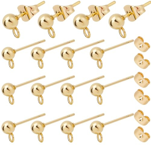 Beebeecraft 100Pcs 24K Placcato Oro Orecchini a Bottone a Sfera 4mm | 304 Acciaio Inossidabile Orecchini a Poste per Fai da Te Creazione di Gioielli