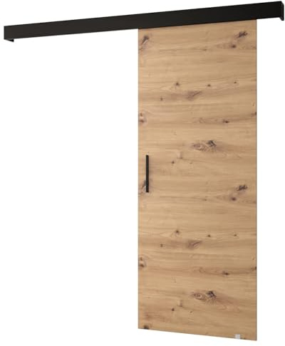 KRYSPOL Schiebetürsystem Salwador 1 Komplett-Set für Schiebetüren, Trennwände Innentüren, Modern Design (Artisan Eiche/Gitter: schwarz matt/Griff: schwarz)