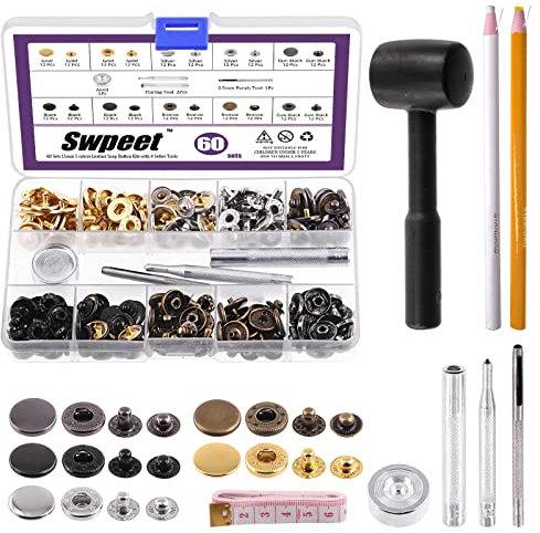 Swpeet 60 Sets 15mm Leather Snap Fasteners with 4Pcs Fixing Tools and Plastic Hammer Assortment Kit, Craft Snap Leather Snaps Metal Snaps Metal Button Snaps Press Studs for Clothes, Jackets, Jeans