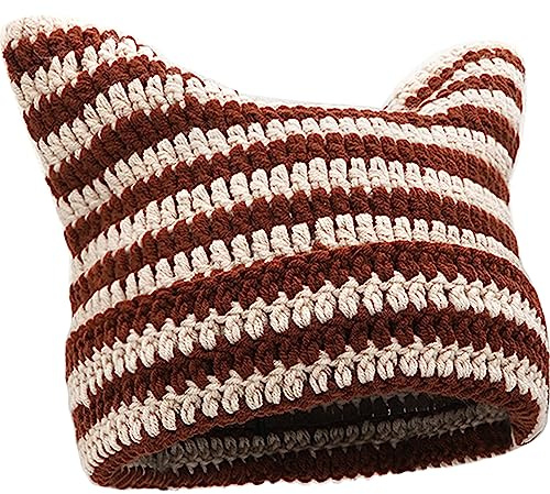 XYIYI Häkelmützen für Frauen Katze Ohr Stricken Hut Vintage Beanie Grunge Zubehör Slouchy Mützen für Frauen