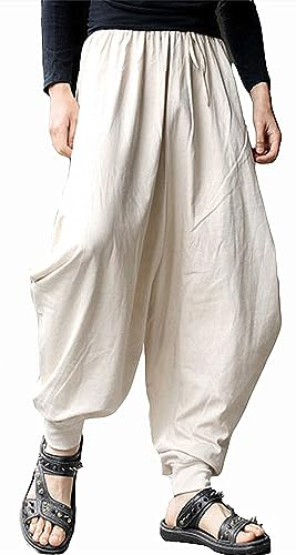 PACEIADTA Men Harem Pants Loose Elastic Waist Hippie Aladdin Drop Crotch Pant (Medium, Beige-2)
