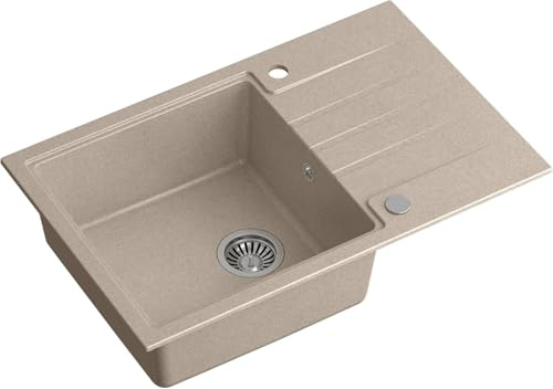 QUADRON Granitspüle Einbeckenspüle | Größe 78 x 50 x 20, Farbe: Beige & Stahl | PETER 111 Einzelbecken Küchenspüle | Granit Spülbecken | mit manuellem Siphon und Abtropffläche