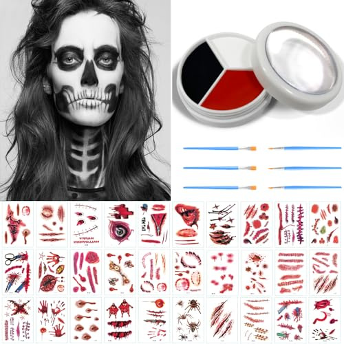ENYACOS schminke schwarz weiß rot+30 Stück Halloween Narben Temporäres Tattoos,corpse paint,Face Paint Theaterschminke Set, gesichtsschminke black and white face paint Halloween Make Up
