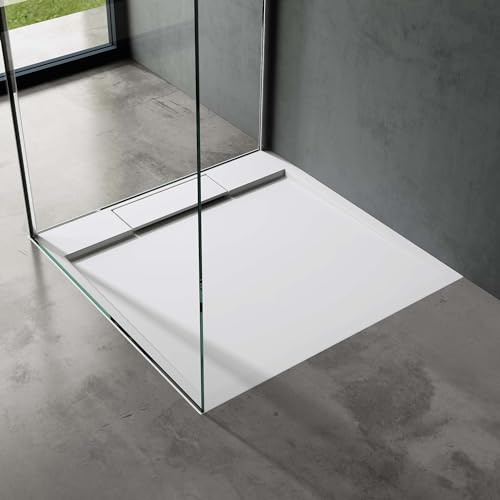 doporro Duschtasse Duschwanne 90x90x4 Mineralguss Weiß Ablaufgarnitur | Flache Duschwanne für bodenebene Montage mit DIN-Anschlüssen – stabil & pflegeleicht für moderne Duschen Geoma04
