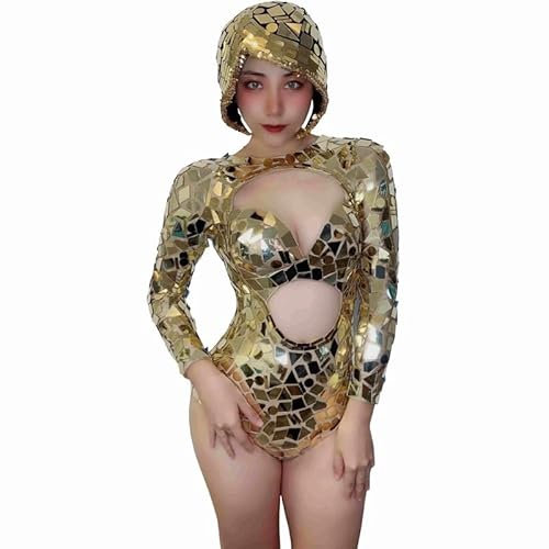Damen-Kostüm, 4 Farben, Spiegel-Kostüm, sexy Cutout-Objektiv, Body, Outfit, Drag Queen, Rave, Pole Dance für Geburtstagsparty (Gold, S)