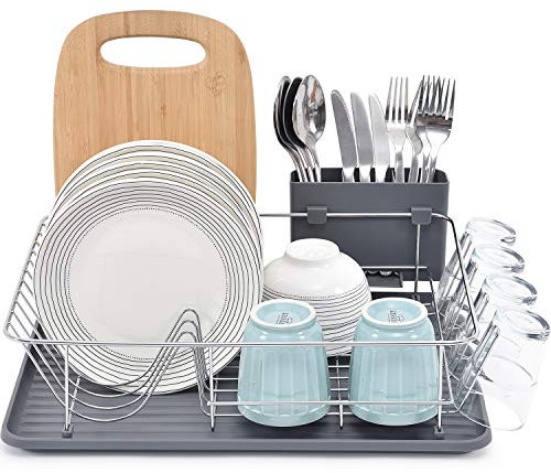 Urackify Abtropfgestell mit Abtropfschale, Geschirrgestell mit großem Fassungsvermögen, Abtropfgestellgeschirr mit externem Besteckhalter, herausnehmbares Abtropfbrett, Getränkehalter für Küche, Grau