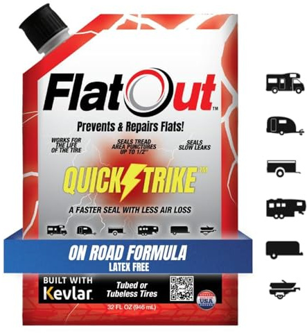 FlatOut QuickStrike Tire Sealant On Road Formula - Prevent Flat Tires, Seal Leaks, Contains Kevlar, 32-Ounce Bag
