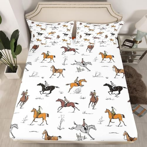 Homewish Drap Housse 150x200 Cheval de Course, Ensemble de Literie Sport Équestre, Draps de Lit Cavaliers pour Enfants Adolescents, Drap-Housse Western Vintage pour Matelas, 2 Personnes
