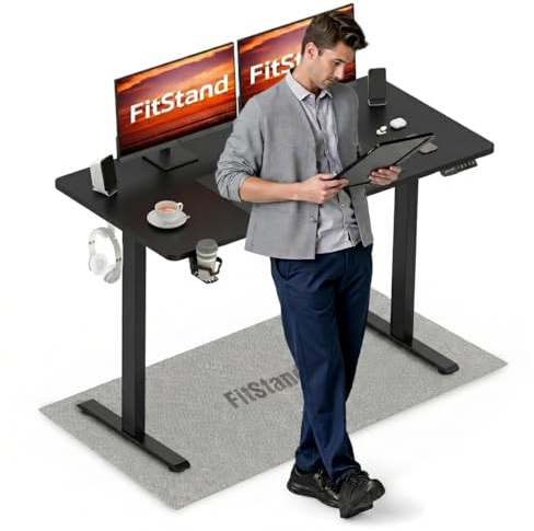FitStand 110x54cm Electric Standing Desk ONE PIECE Desktop Sit Stand Table Height Adjustable Desk Computer Desk PC Desk With Hooks and Memory Smart Pannel Suitable For Office And Home- Black