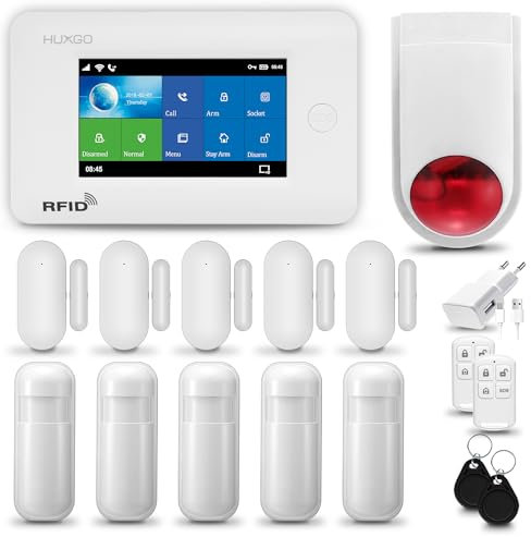 HUXGO® HXA006 Antifurto casa wireless WiFi + GSM con radio Sirena | Kit allarme casa senza fili: 5x rilevatori di movimento, 5x sensori di allarme per finestre/porte | Per Casa, Appartamento